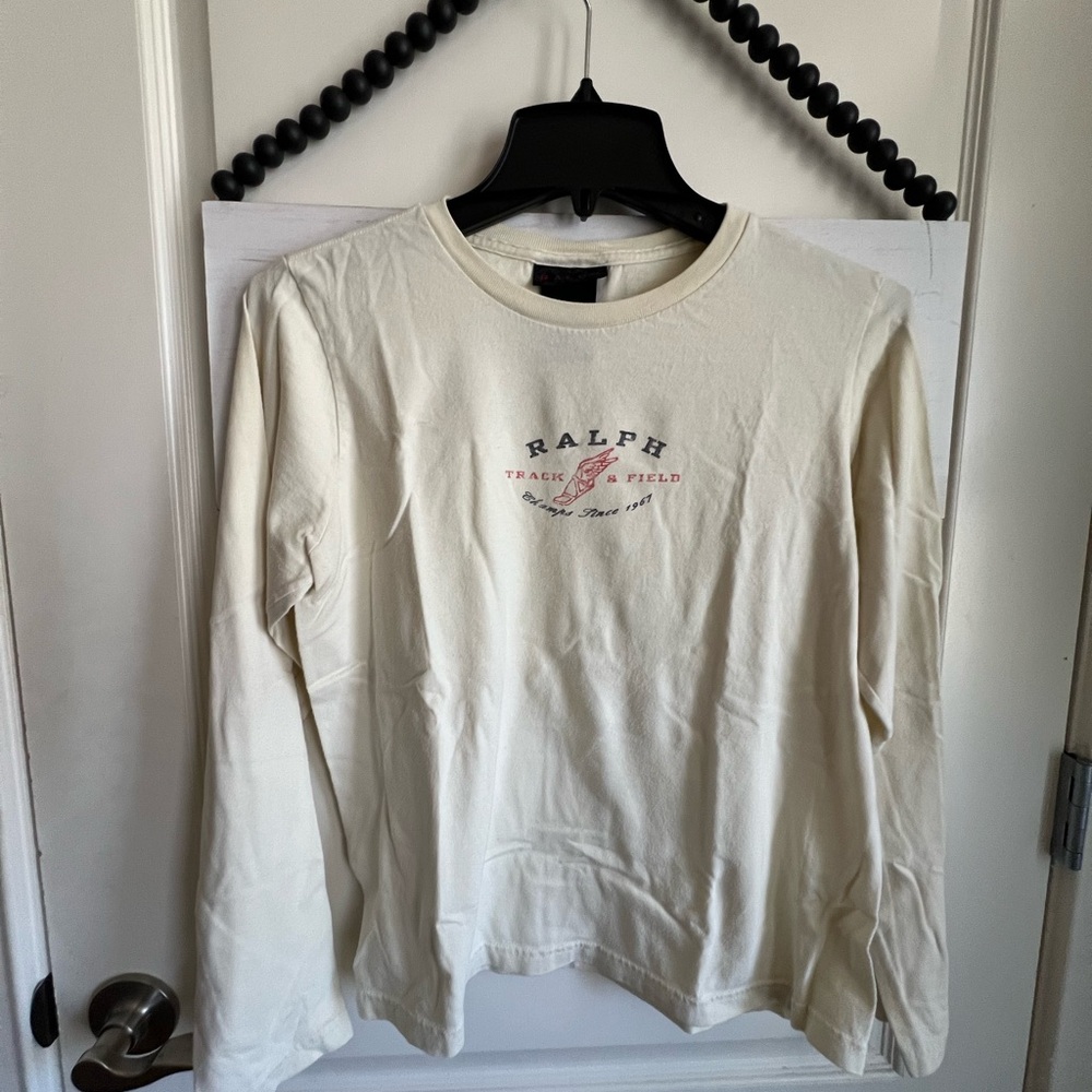 Ralph Lauren Off-White Track & Field Tee Cotton Long Sleeve Shirt Medium 8 10
